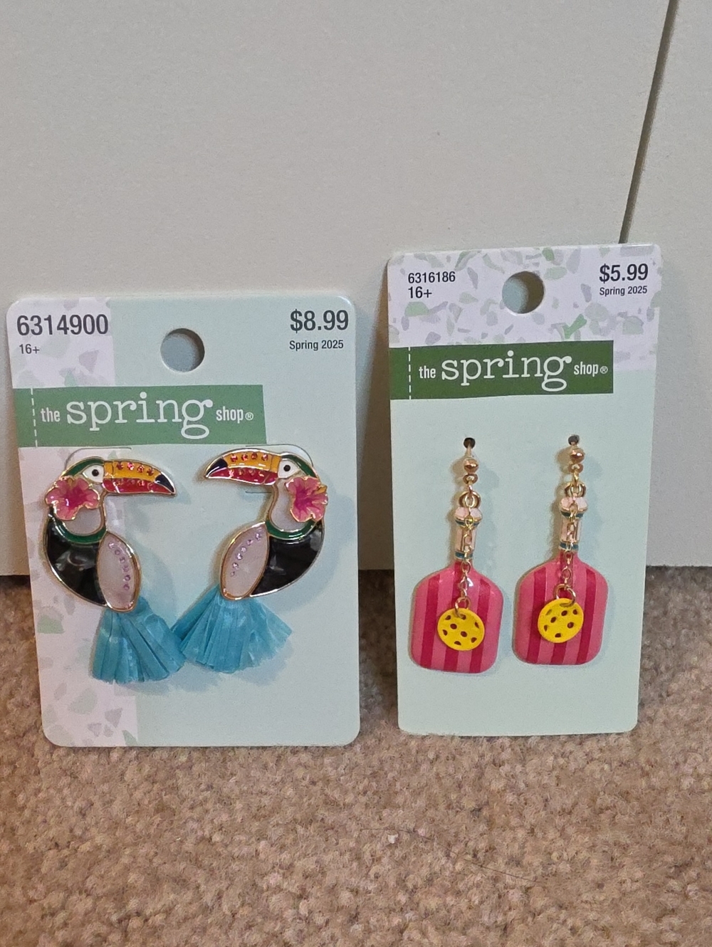 The Spring Shop Kids Blue Toucan Tassel Earrings & Pink Pickleball Drop Earrings